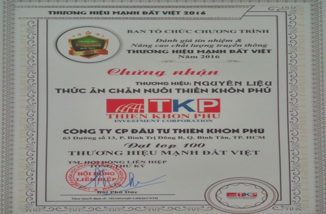 THIÊN KHÔN PHÚ LỌT VÀO TOP 100 THƯƠNG HIỆU MẠNH ĐẤT VIỆT 2016